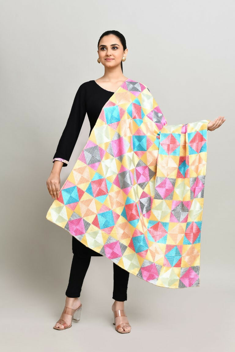 Multi Color Phulkari Dupatta with Cotton Geometric Embroidery