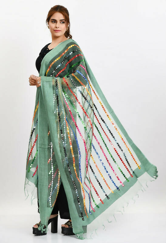 Pista Green Organza Dupatta with Multi Thread and Mirror Work