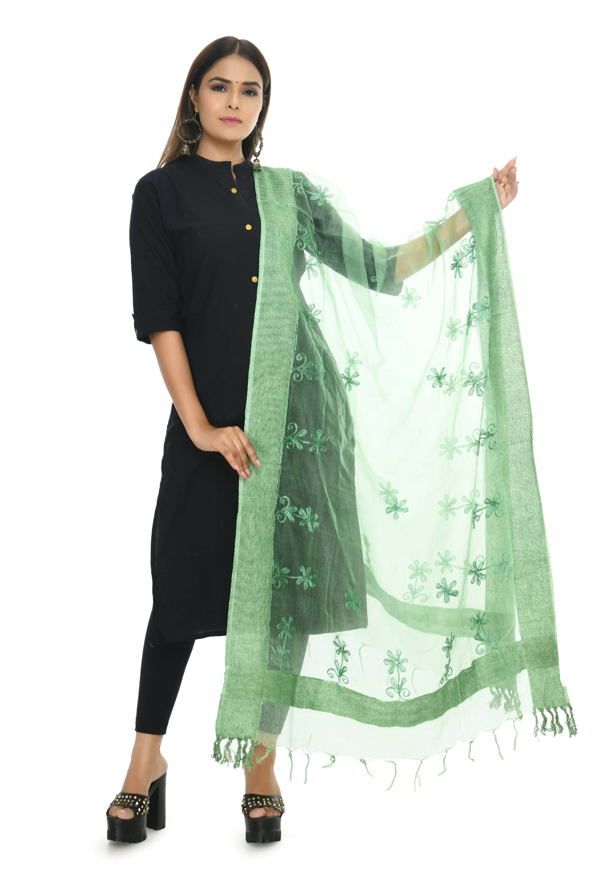 Pista Green Chikan Work Organza Dupatta - Ethnic Festive Wear