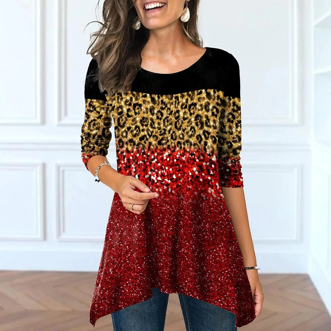 Women's Round Neck Floral Print Tunic Top with Asymmetrical Hem - Image 11