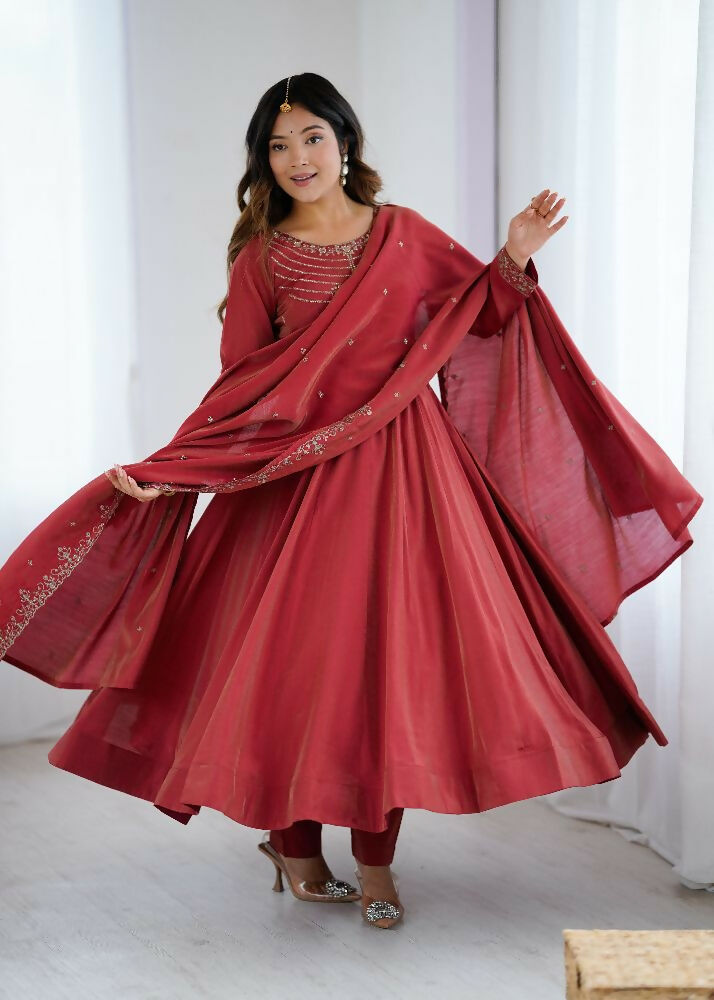Maroon Chanderi Kurta Set with Intricate Sequence Embroidery