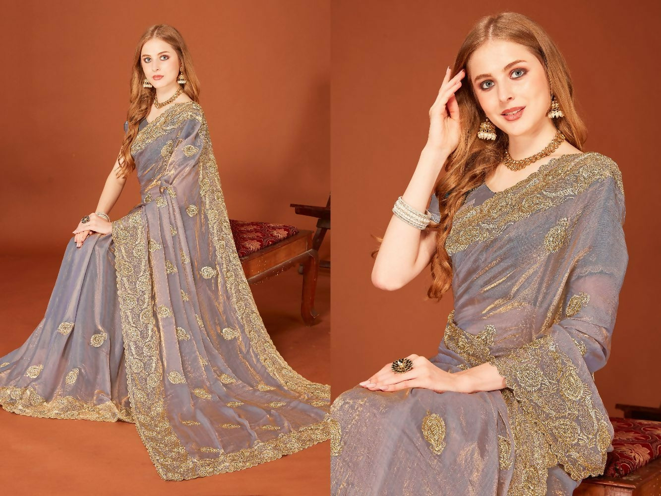Grey Fendi Two Tone Silk Saree with Zari embroidery and Zircon detailing