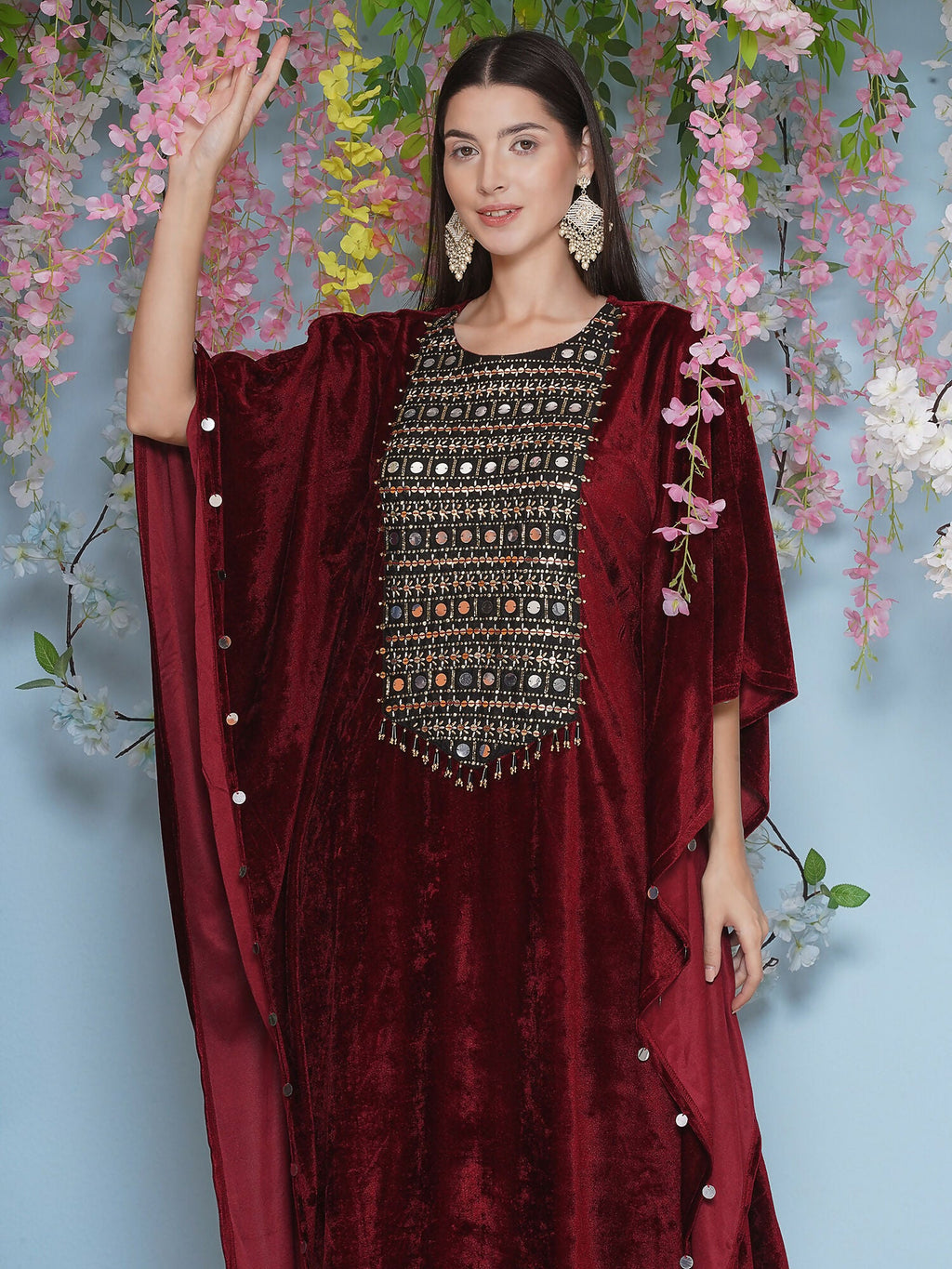 Maroon Velvet Hand Embellished Kaftaan Set - Luxury Ethnic Wear