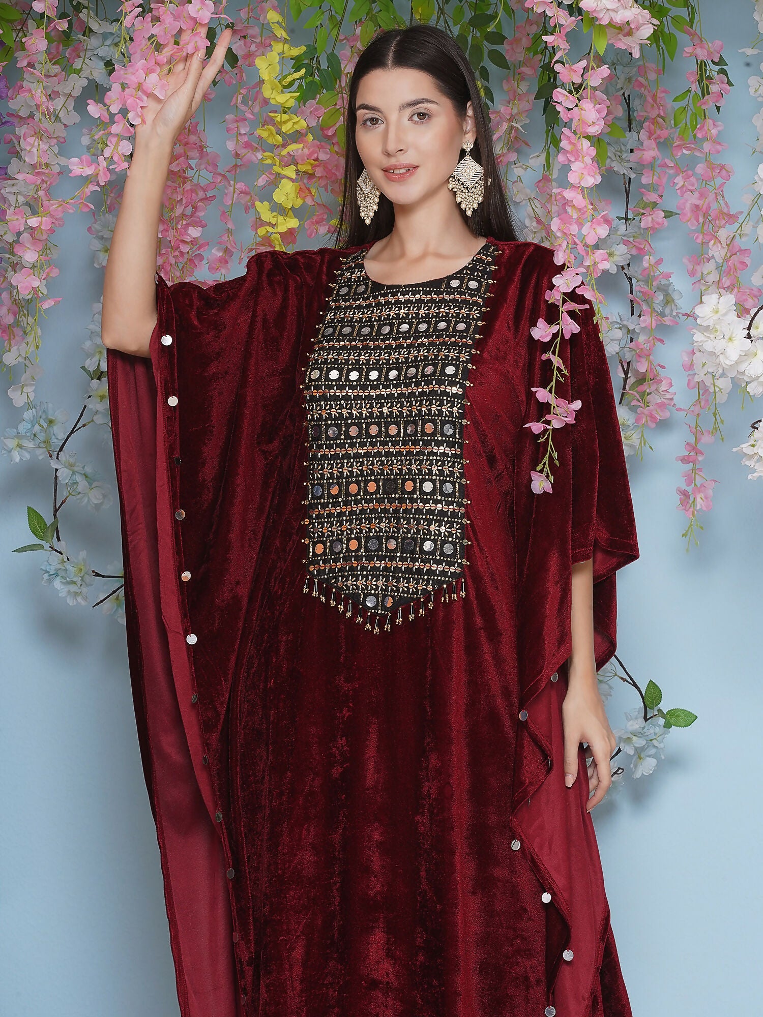 Maroon Velvet Hand Embellished Kaftaan Set - Luxury Ethnic Wear
