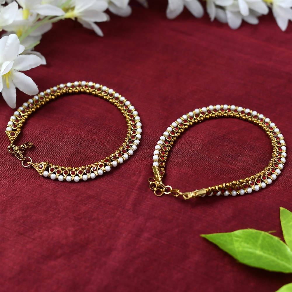 Red Kundan Traditional Payal Anklets for Women and Girls