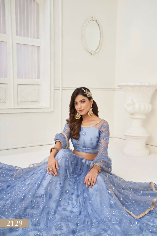 Neon Blue Butterfly Net Lehenga with Mirror Handwork and Sequence