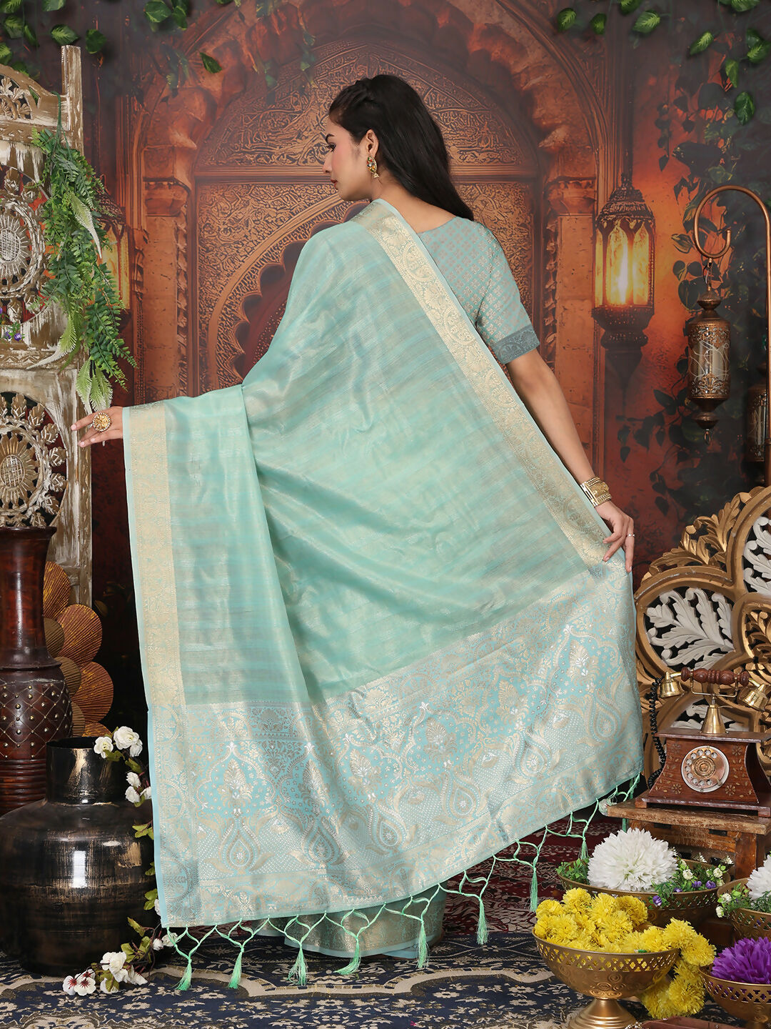 Shree Shyam Fashion Organza Rama Green Saree