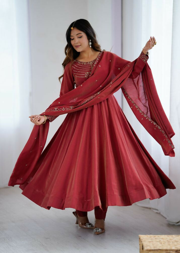 Maroon Chanderi Kurta Set with Intricate Sequence Embroidery