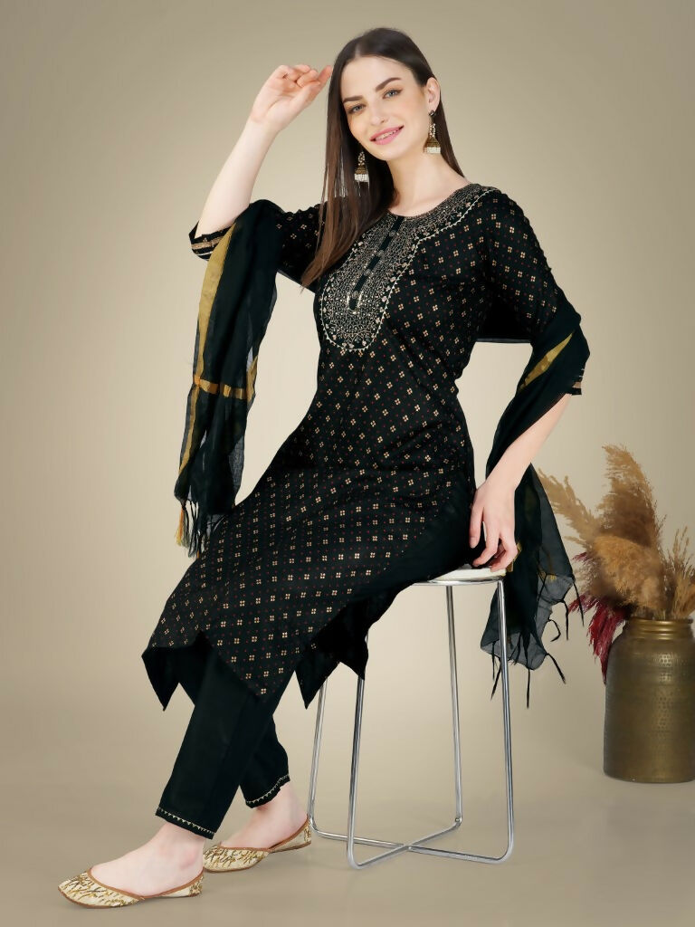 Women's Black Cotton Magic Slub Straight Kurta with Trouser & Dupatta