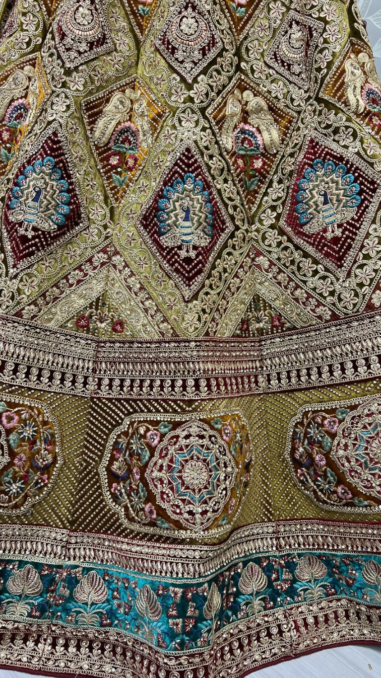 Mehendi Velvet Wedding Lehenga Choli with Dori and Zircon Work