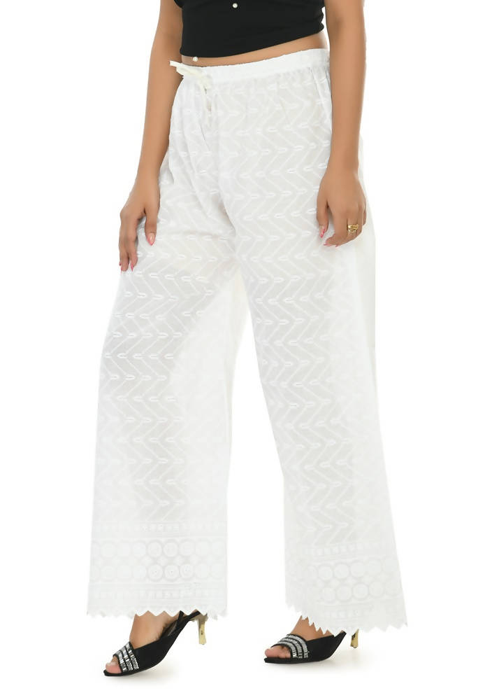 Women's White Cotton Chikankari Palazzo Pants