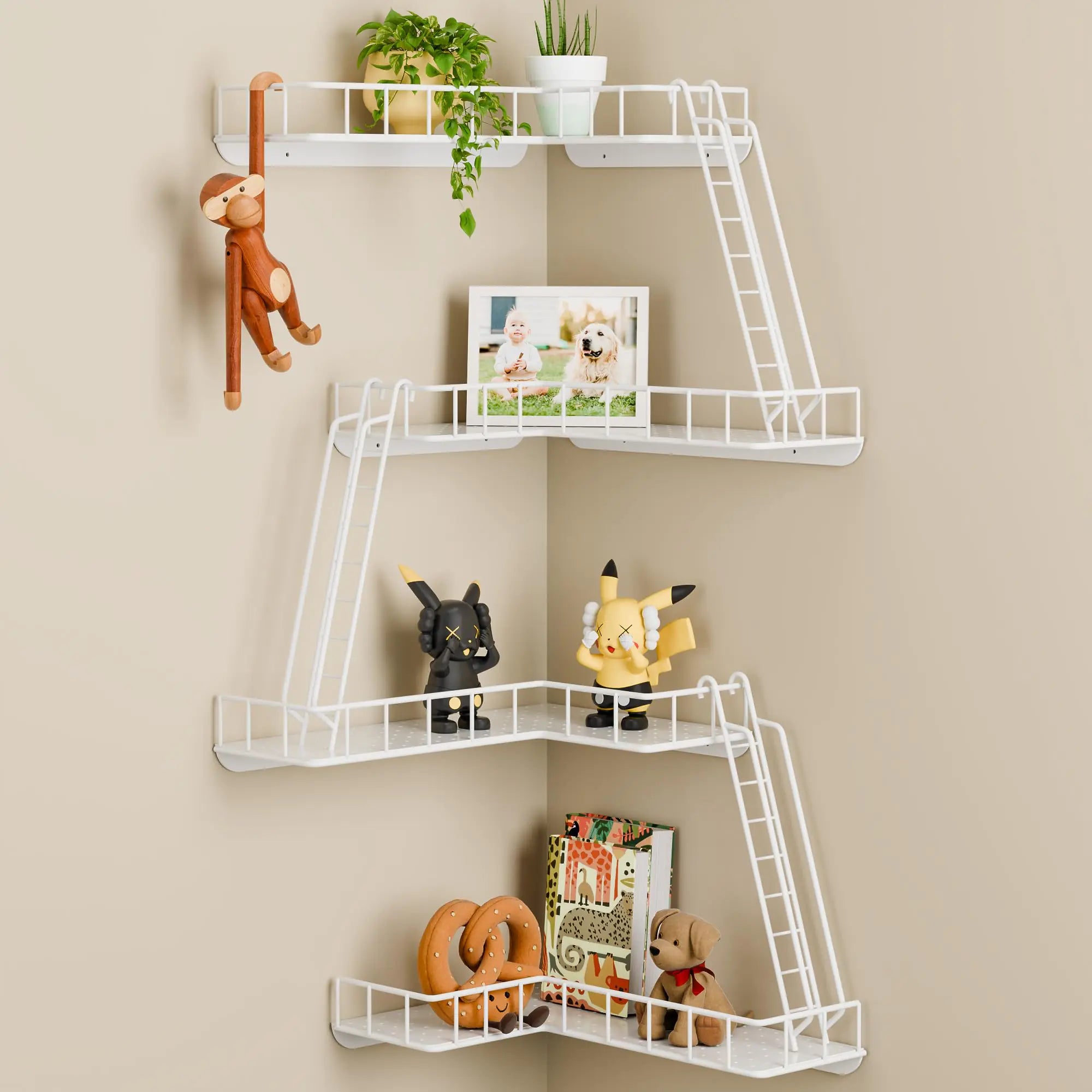 WOPITMER Fire Escape Wall Shelf - Modern City Style 4-Tier Corner Wall Shelves Easy to Install Metal Ladder Shelf for Figures New York Decorative Shelves for Bathroom Living Room & Home DecorWhite