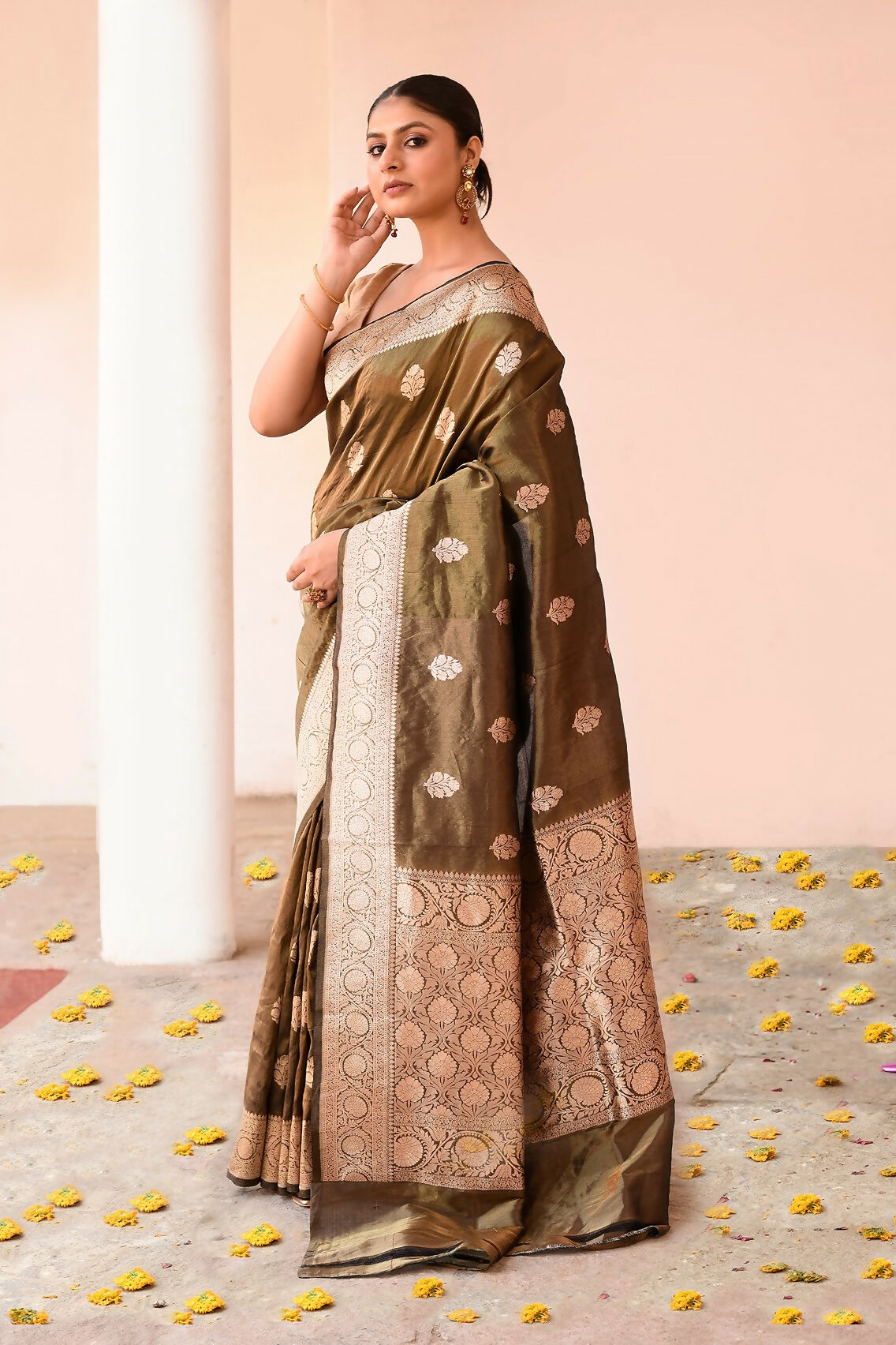 Olive Green Handloom Banarasi Katan Silk Saree