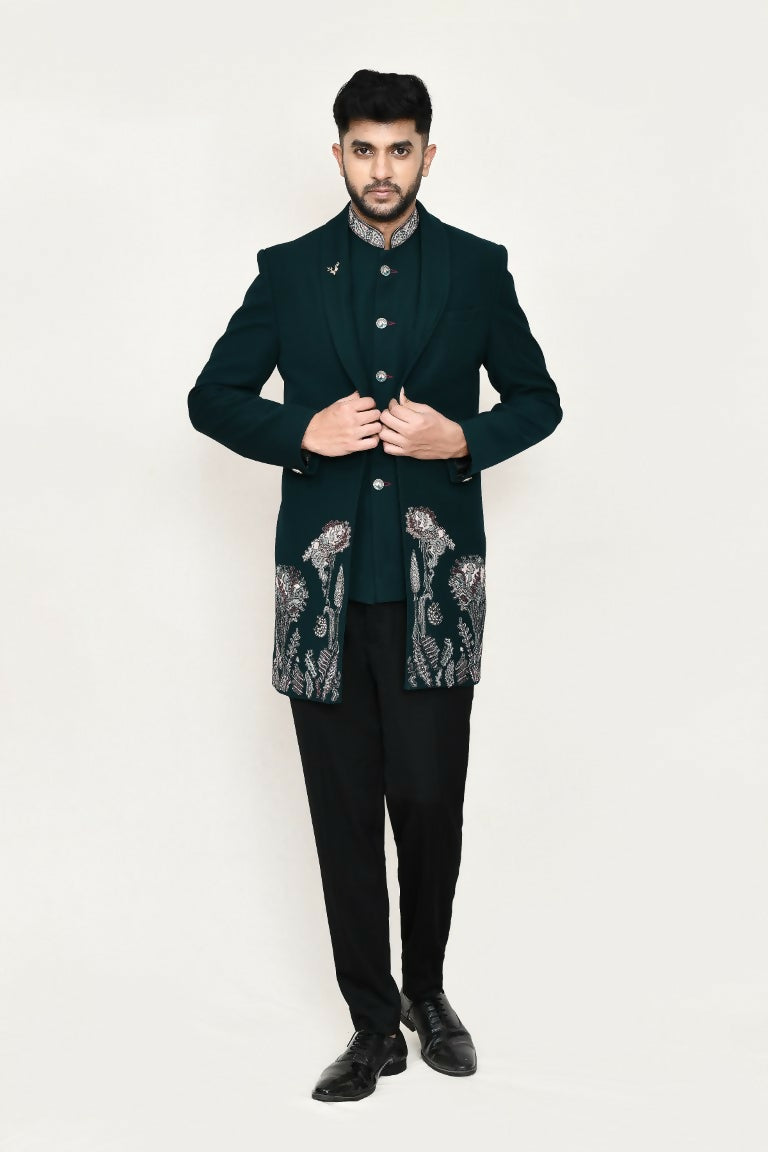 Green imported polyester formal open prince coat with trousers