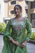 Elegant green pure viscose Dola silk kurta set with artisanal handwork and breathable cotton lining