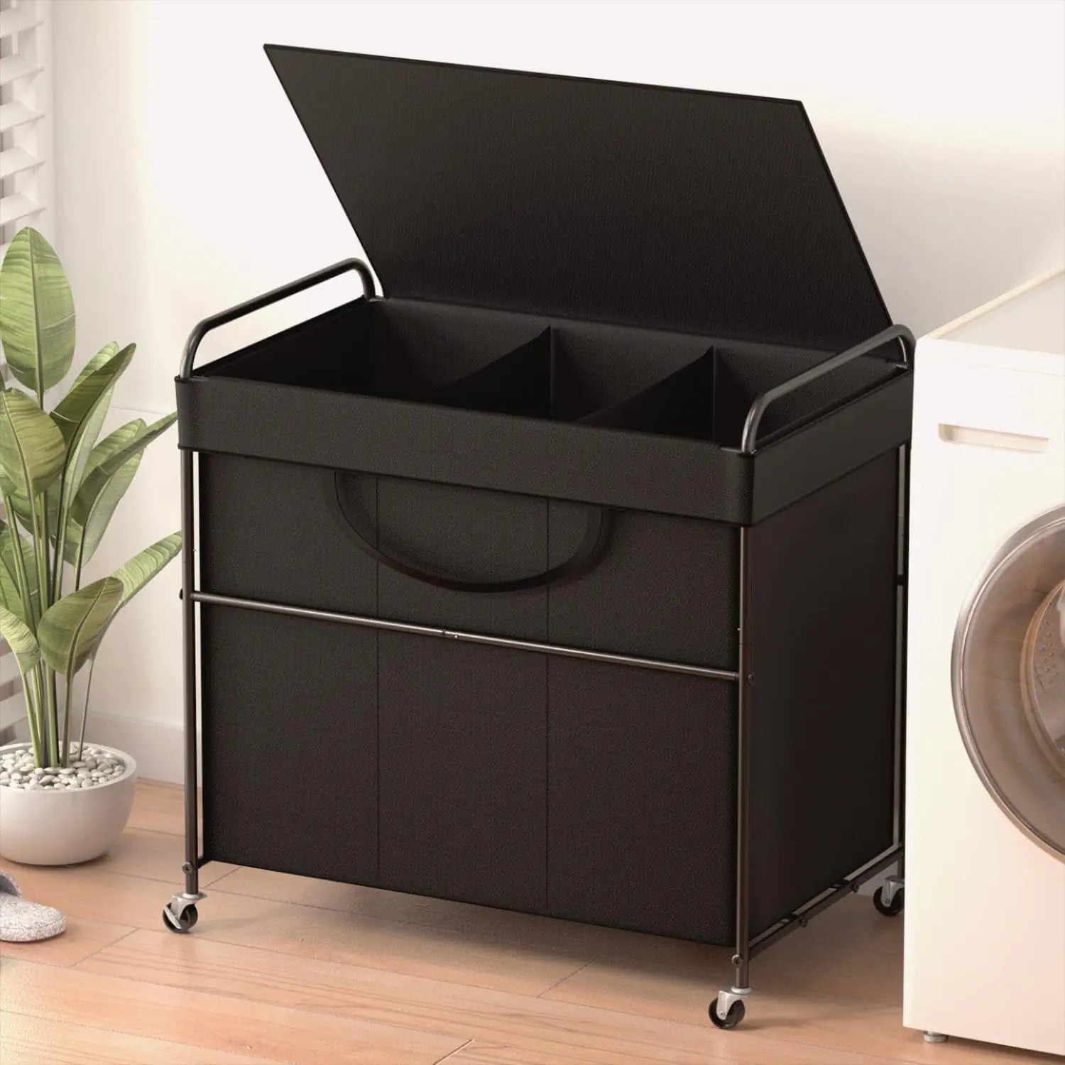 YKDIRECT 180L Large Laundry Hamper 3 Compartment Laundry Basket with Lid Removable Bag & Metal Structure with Industrial Wheels Suitable for Bathroom Dorm Room Laundry Room (Black 180L)