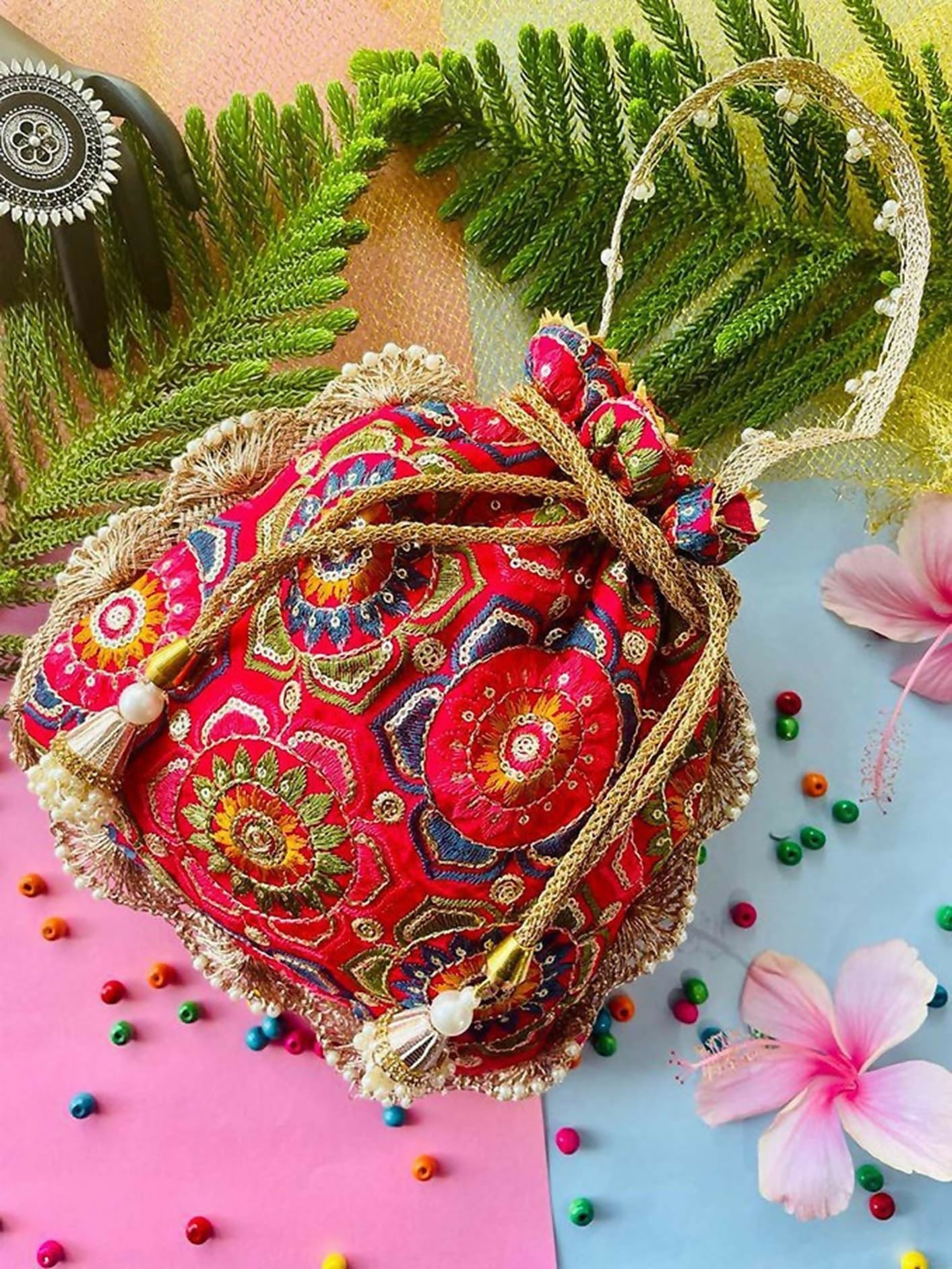 Decorative multicolor synthetic potli bag for ethnic wear