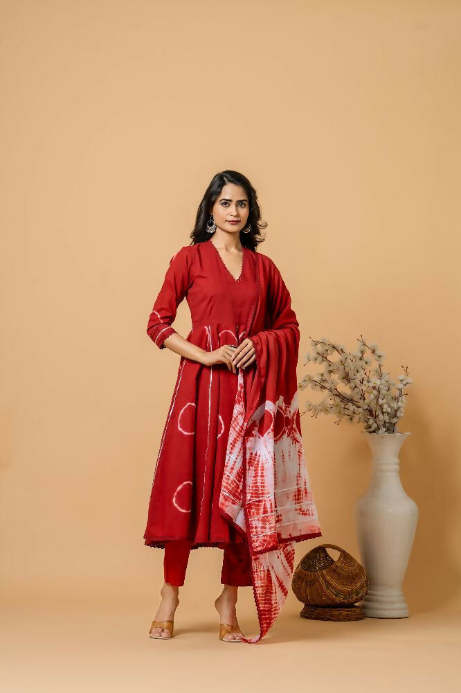 Red Tie & Dye Cotton Suit Set for Women
