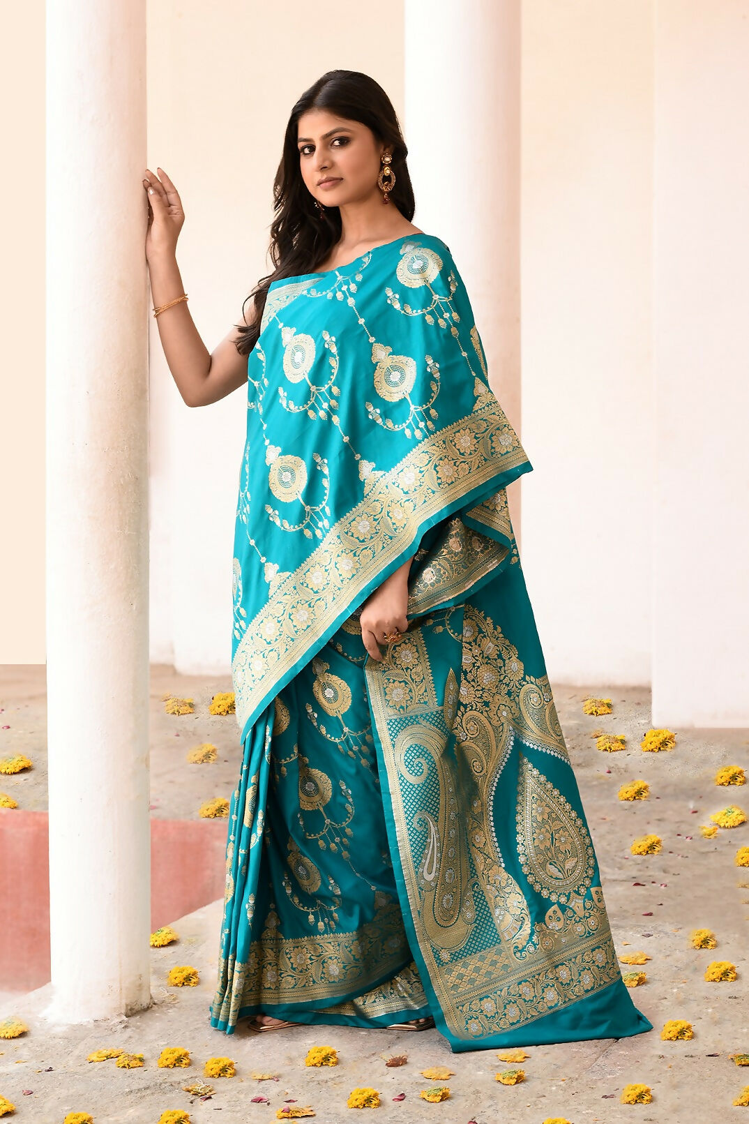 Teal Green Banarasi Soft Pure Handloom Silk Saree