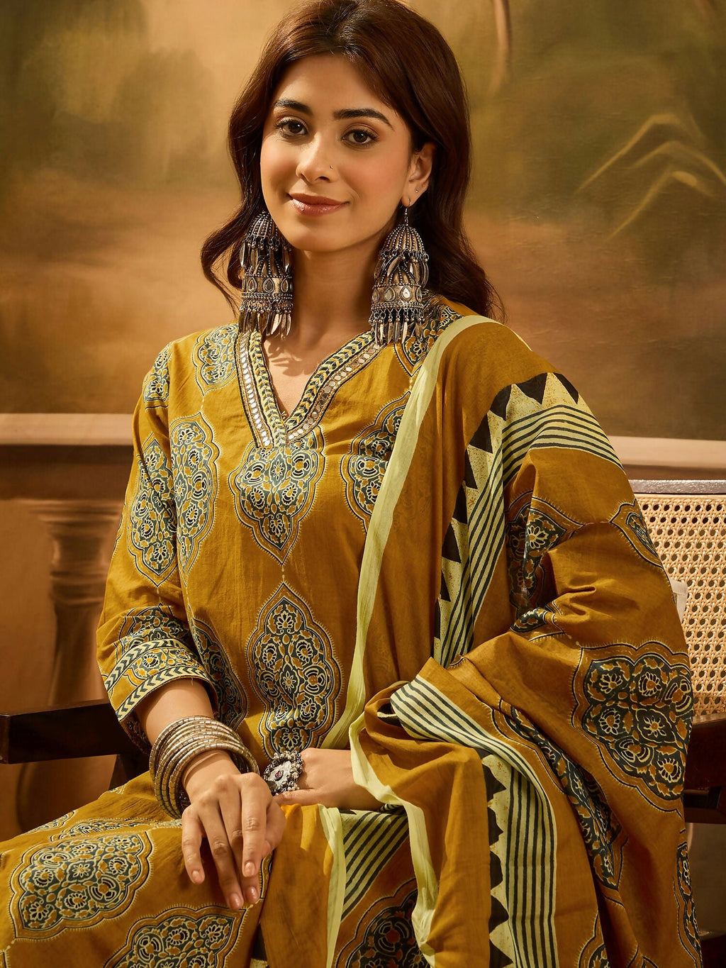 Mustard Printed Pure Cotton Kurta Set for Women