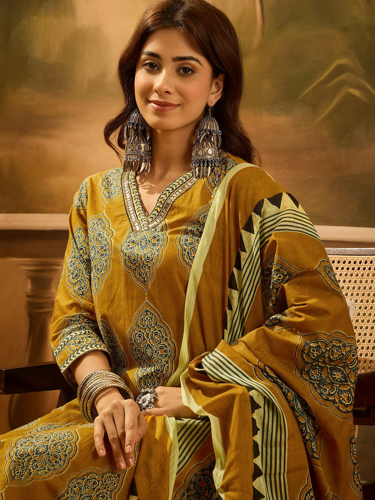 Mustard Printed Pure Cotton Kurta Set for Women