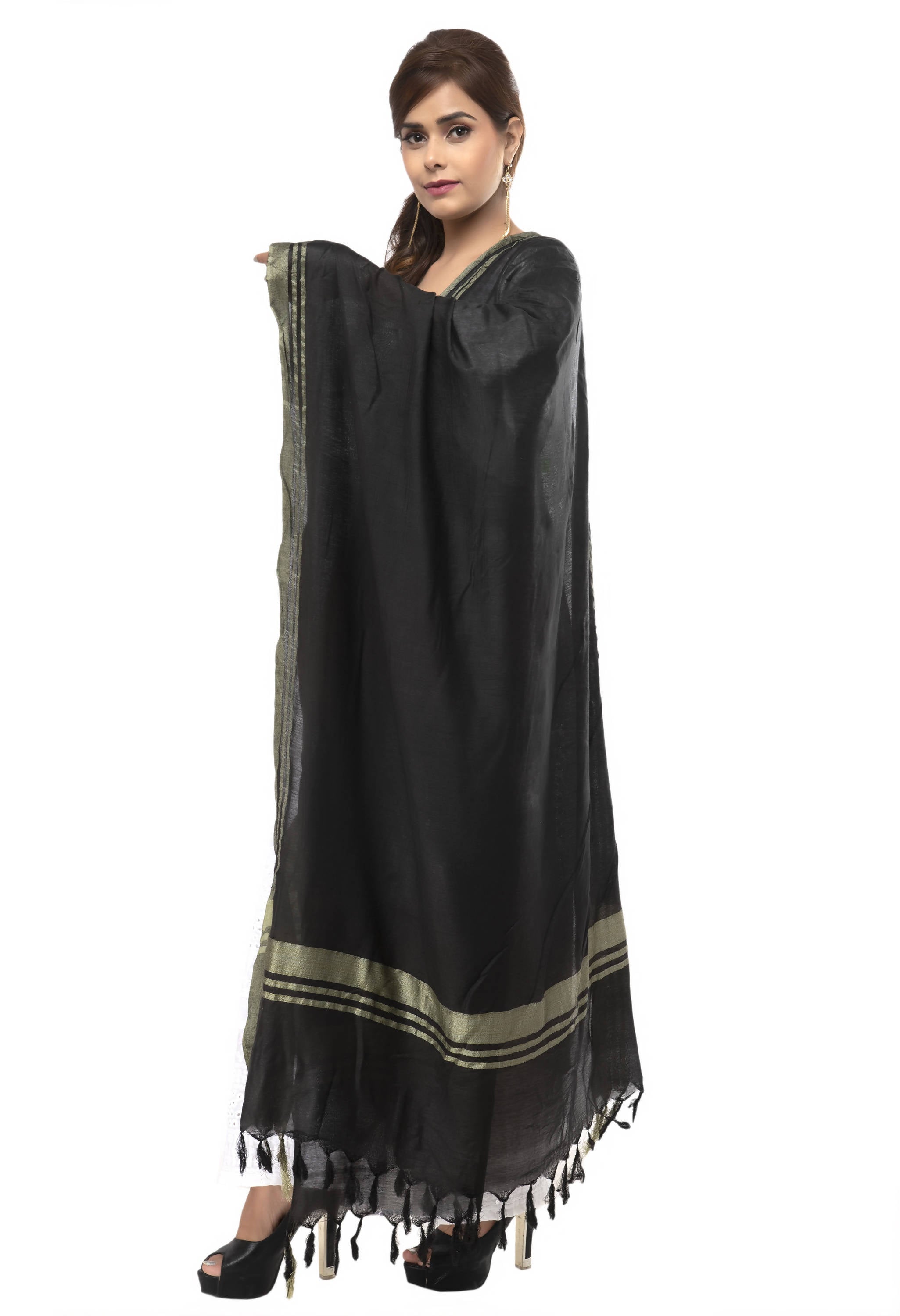 Black Slub Cotton Dupatta - Lightweight Ethnic Scarf