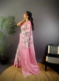 Baby pink floral Banarasi silk saree for toddlers with unstitched blouse piece