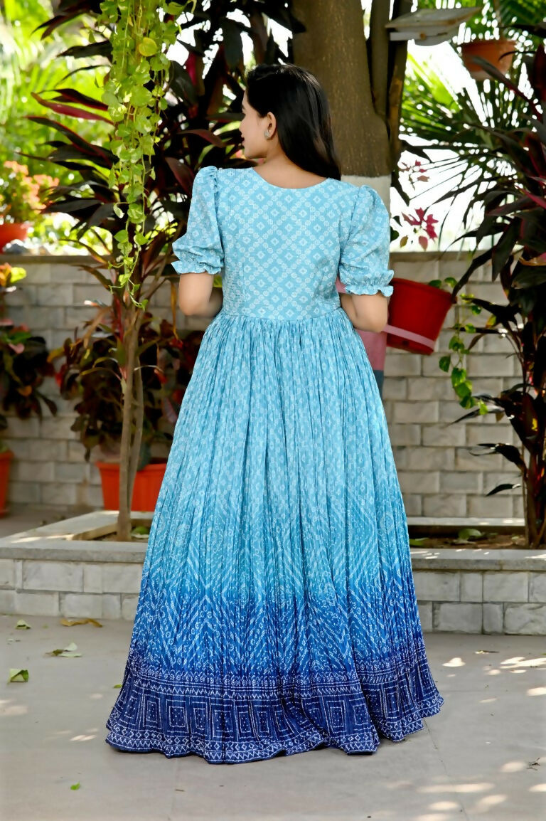 Sky Blue Bandhej Print Muslin Anarkali Dress with Pleats