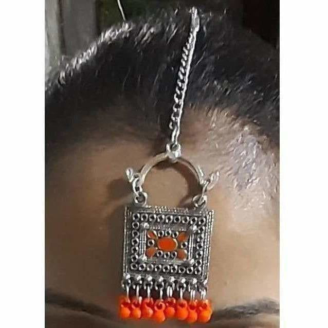 Orange Drop Jaipur Maang Tikka with silver oxidized finish hair jewelry