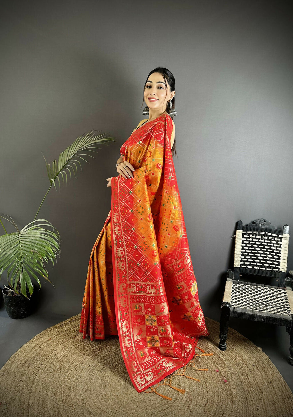 Yellow and Red Geometric Pattern Soft Silk Patola Saree