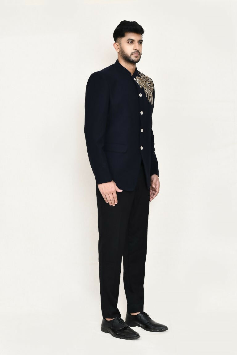 Blue Terry Rayon Prince Coat and Matching Pant Set