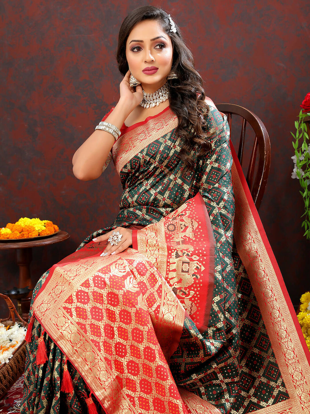 Green & Red Patola Silk Saree with Meenakari Weaving