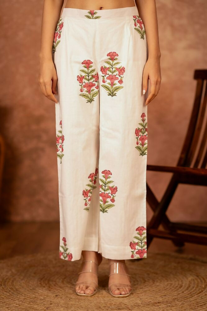 Off White and Pink Hand Block Printed Cotton Suit Set