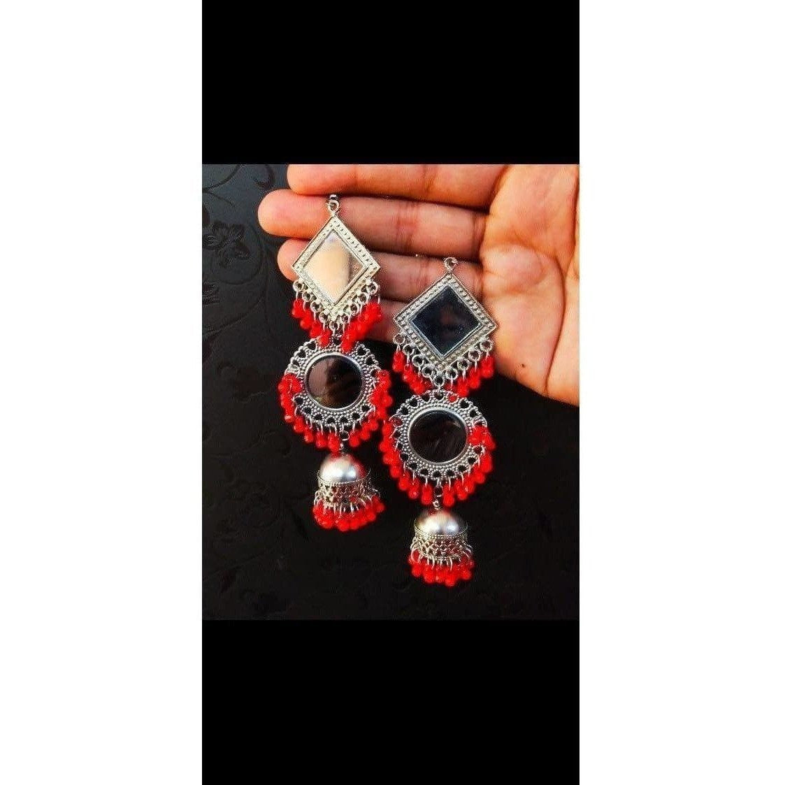 Oxidized Mirror Jhumki Earrings in Silver & Multicolored Tones