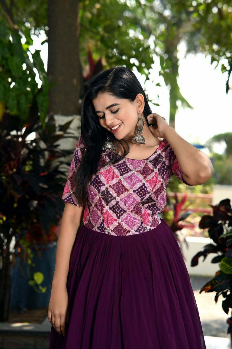 Wine Printed Sequin Embellished Faux Blooming Anarkali Dress
