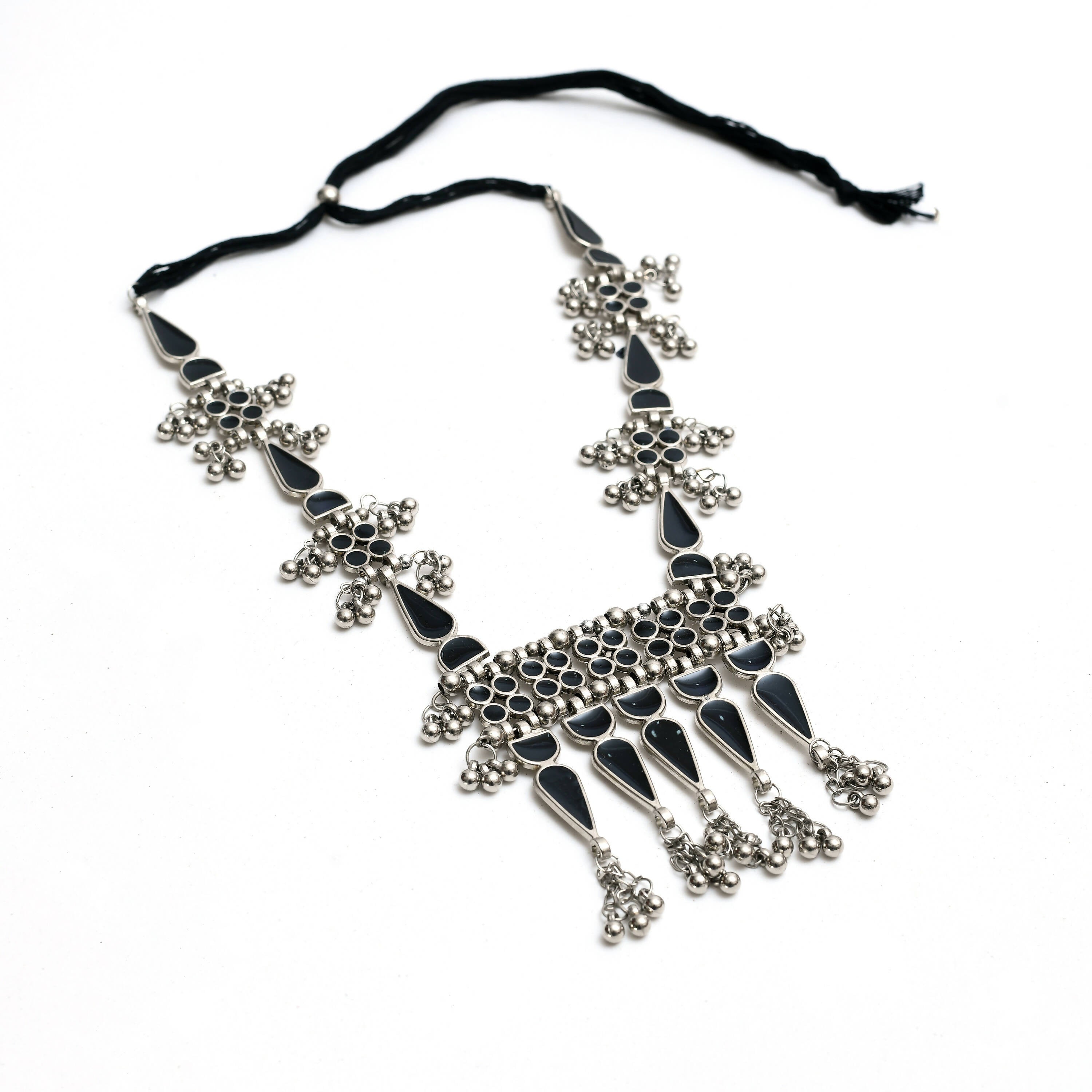 Oxidised Silver-Plated Meenakari Long Necklace Set