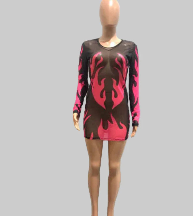 Women's Black and Pink Flame Print Long Sleeve Mesh Mini Dress - Image 7