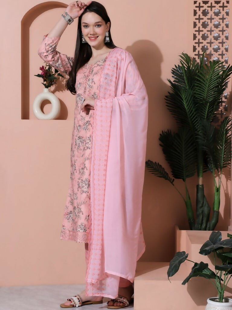 Women's Pink Cotton Floral Digital Print Kurta Trouser & Dupatta