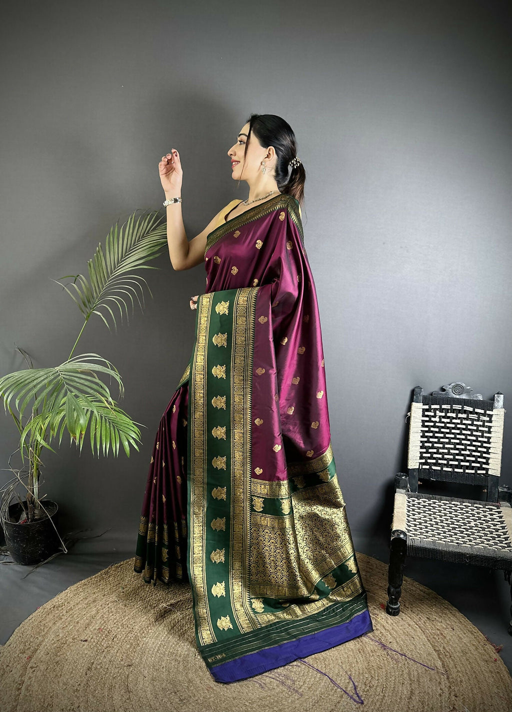Joban Fashion Wine Banarasi Soft Silk Woven Butti Saree