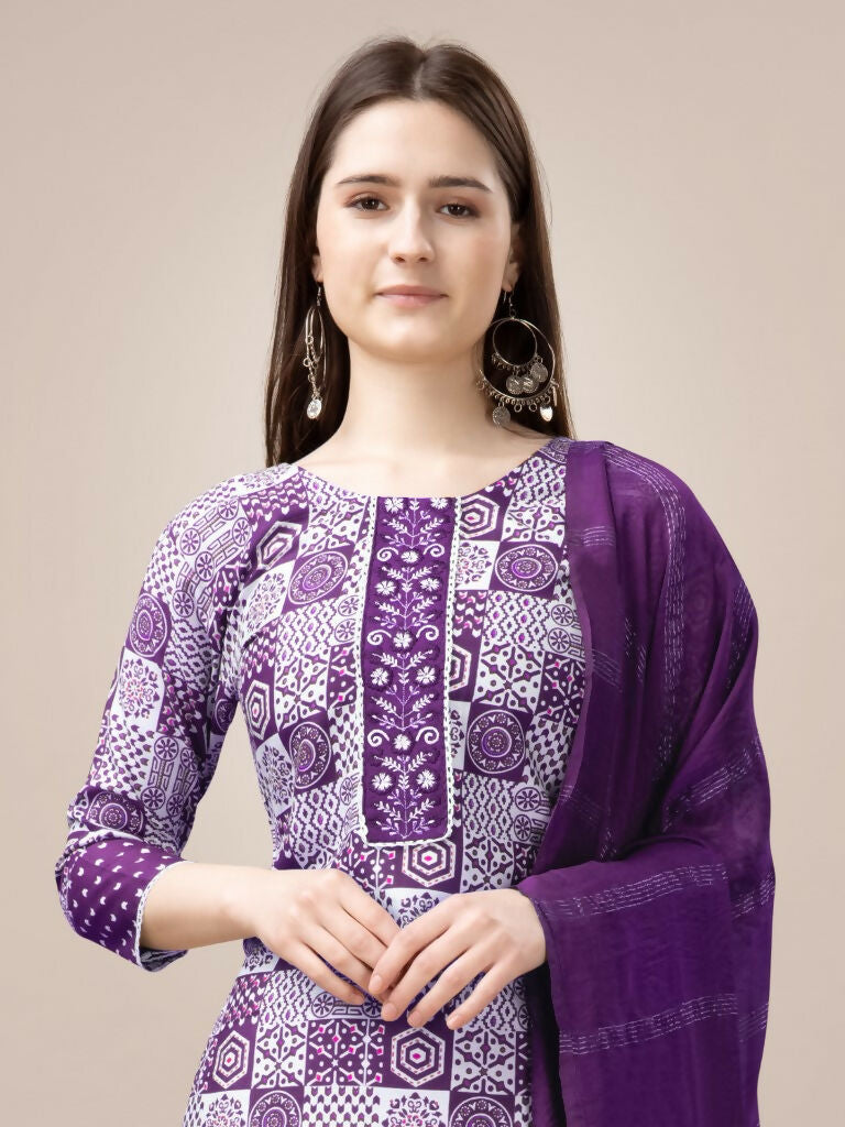 Women's Purple Printed Rayon Kurta Set with Lace Details