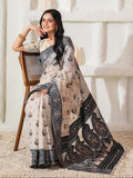 Black and Cream linen cotton saree with matching blouse piece draped elegantly.