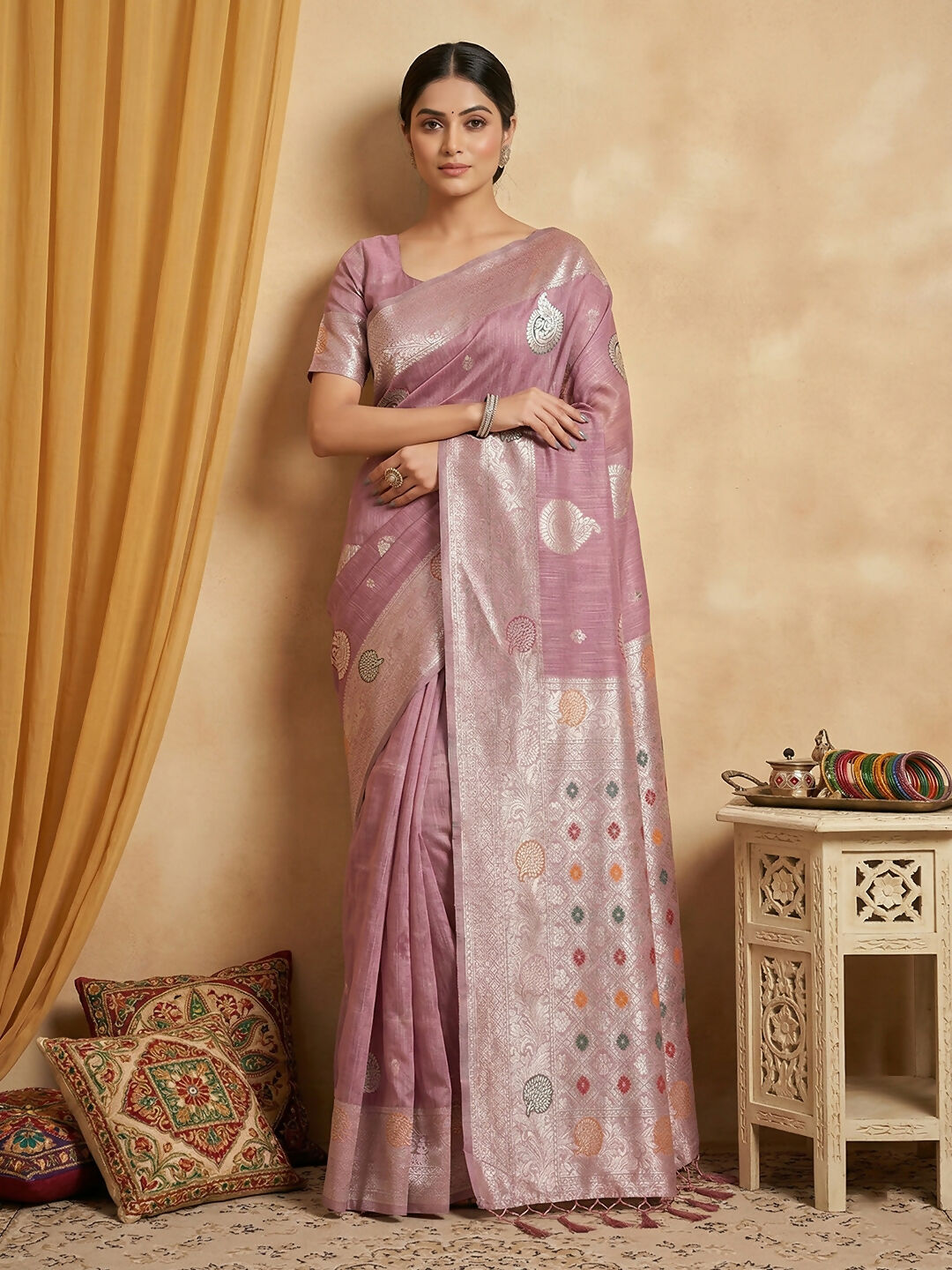 Purple Linen Cotton Saree with Matching Blouse Piece