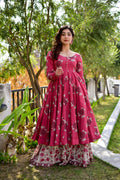 Rani Pink cotton silk kurta plazo set with heavy digital prints and flowy 4.5m flare