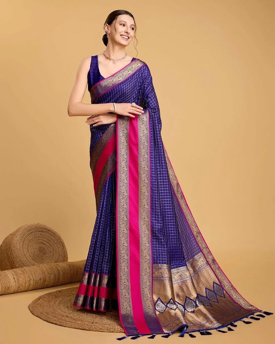 Arfa Fashion House Blue Soft Silk Chex Design All Over The Saree Saree