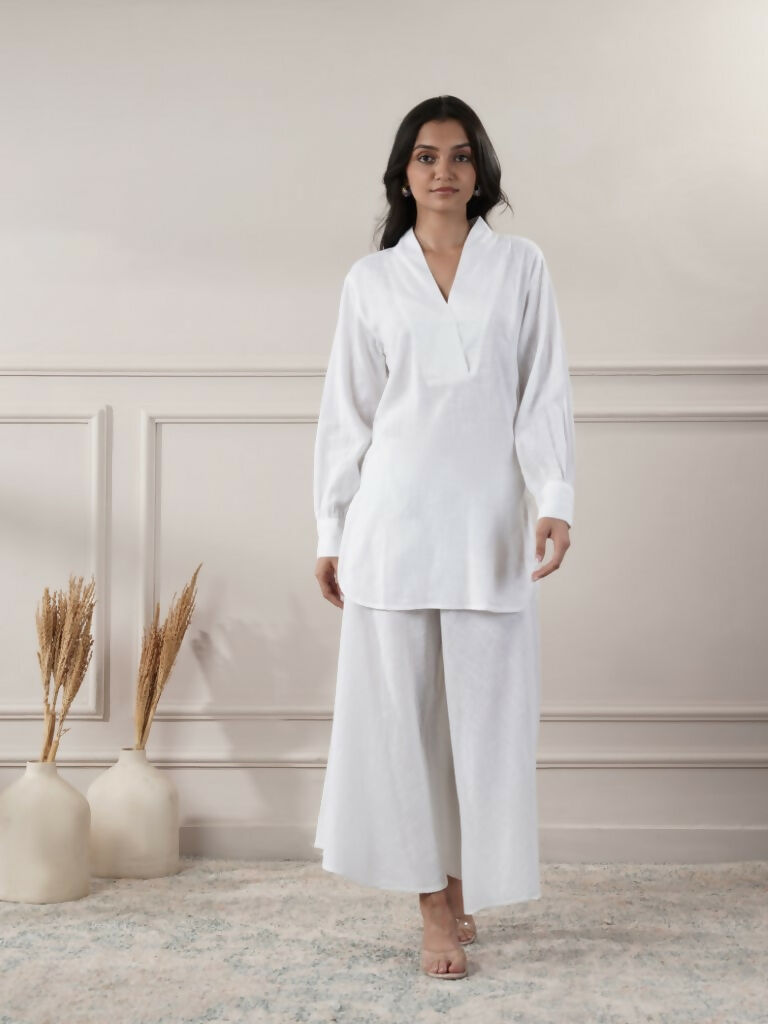 Women's White Cotton Top and Flared Pants Two-Piece Co-ord Set