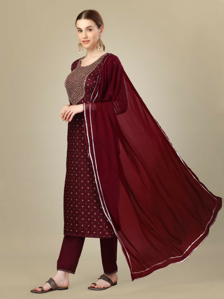 Women's Maroon Silk Blend Straight Kurta with Trouser and Dupatta