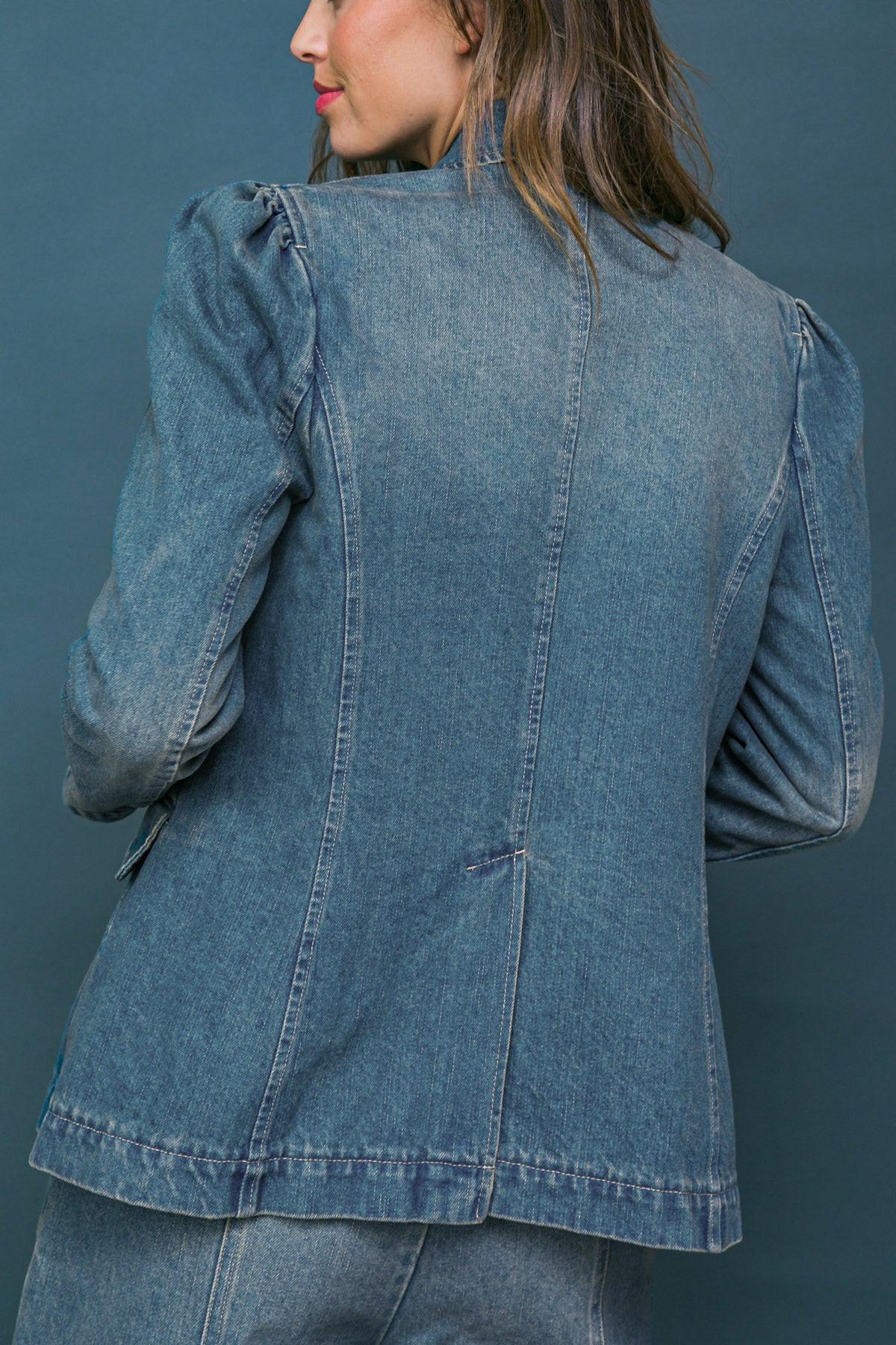 Washed Denim Blazer with Puff Sleeve Detail - Image 2