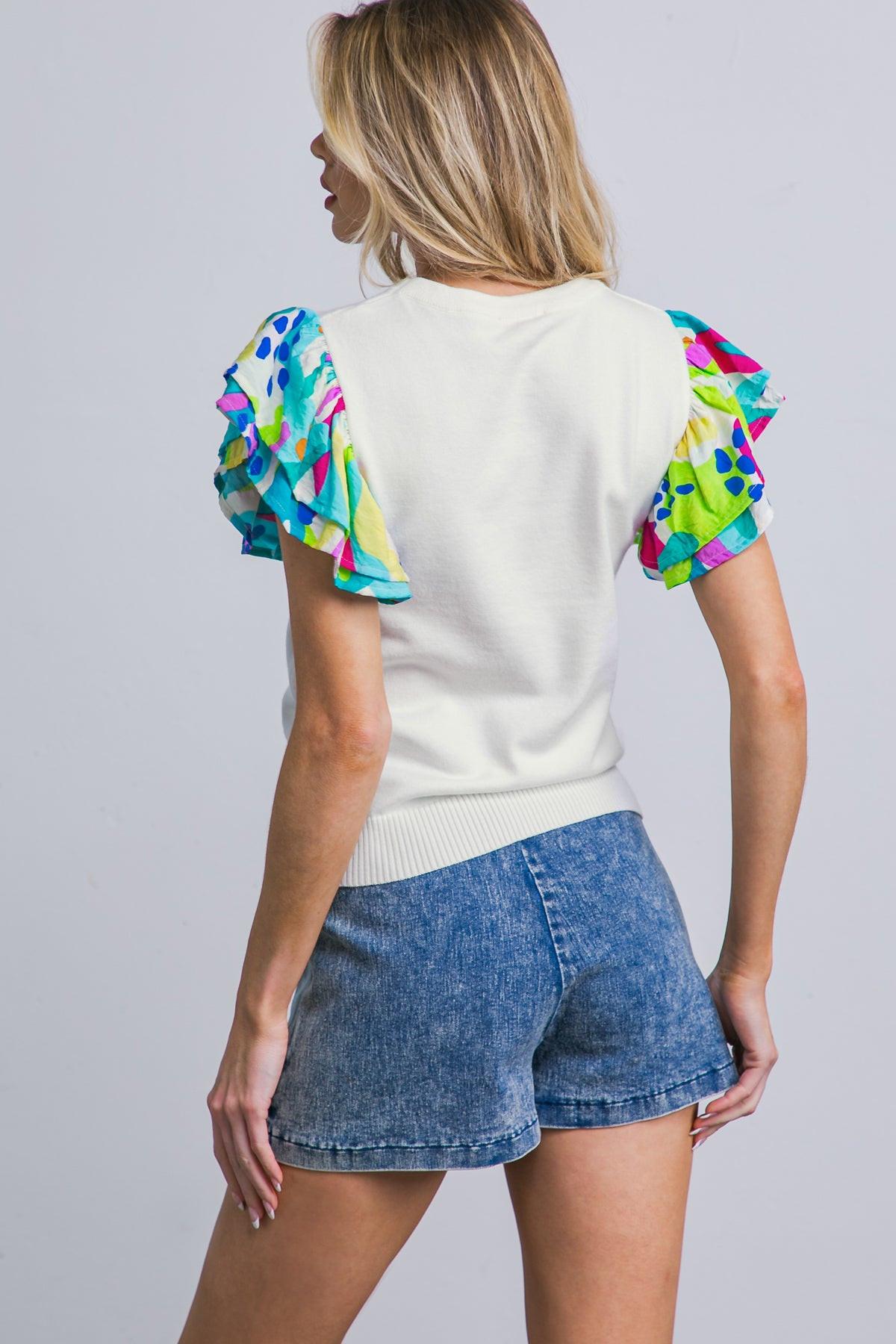 Glittery Ruffle Sleeve Knit Sweater Top with Round Neck - Image 2