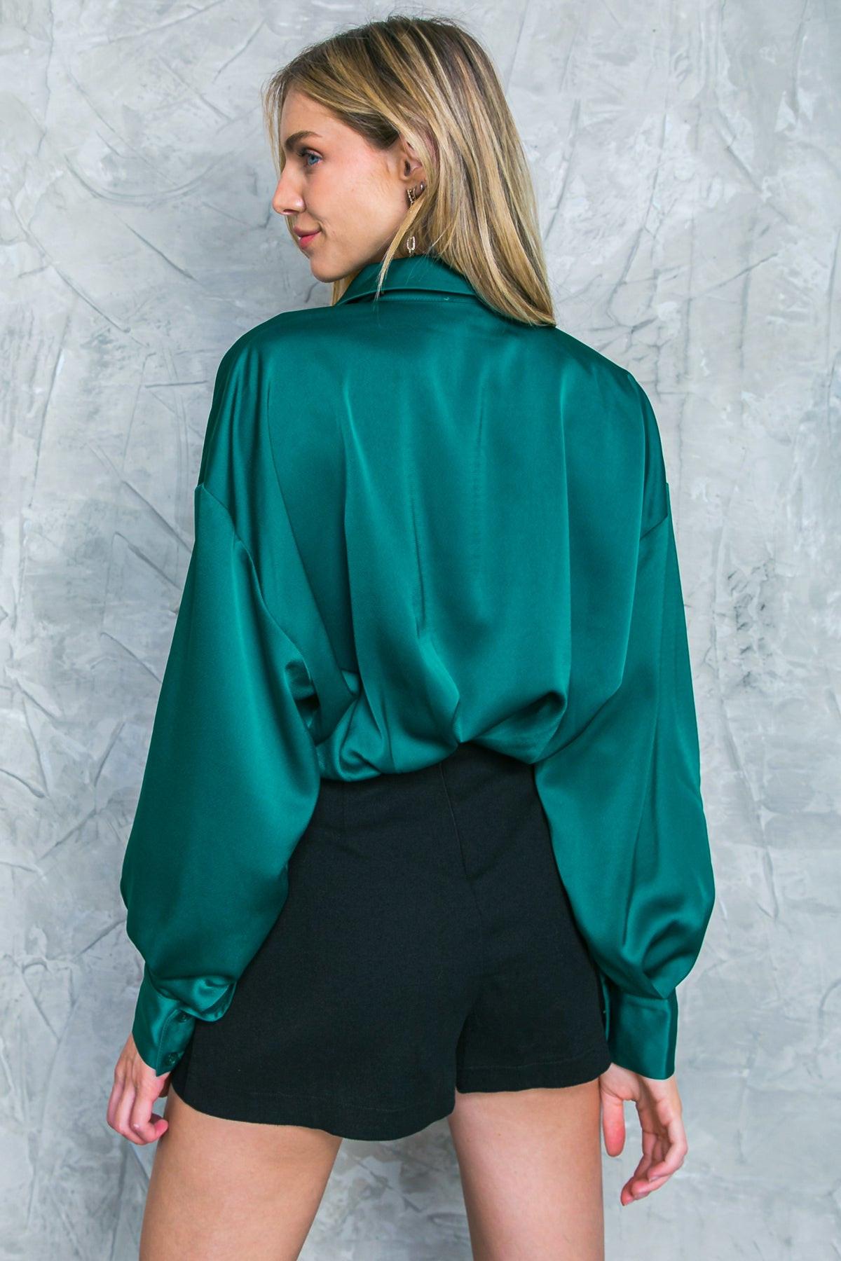 Satin Button Down Long Sleeve Blouse with Adjustable Cuffs - Image 8
