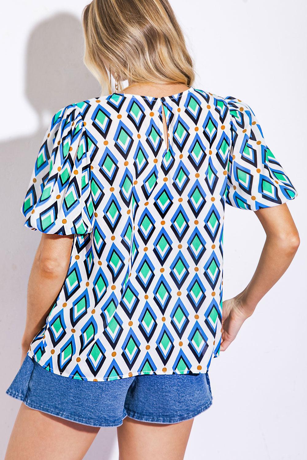 Geometric Print Short Sleeve Woven Blouse with Button Back - Image 2